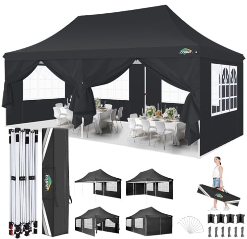 COBIZI Cenador Plegable de 3 x 6 m, Resistente al Agua, 3 x 6 m, Carpa para Fiestas, Plegable, Anti-UV, con 6 Paredes Laterales y 4 Sacos de Arena, cenador de jardín para Bodas, Exteriores, jardín