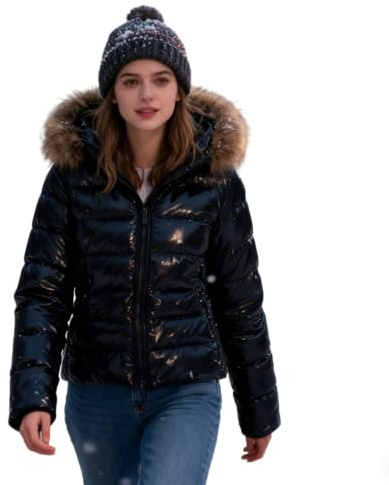 Générique Doudoune Femme Hiver Léger Capuche Fourrure - Noir et Marron - Matelassé Bulle - Tailles S-XXXL confortable confiance extérieur quotidien