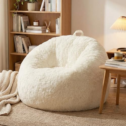 GreenWhim Fluffy Stuffed Animal Storage Bean Bag Chair Cover No Filler Faux Fur Washable Ultra Soft Beanbag for Plush Toys Textile Plush Shaggy Large Bean Bag for Adults Kids Teens (Beige, No Filler)
