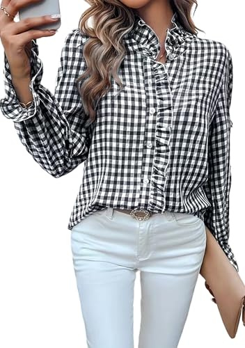 YMING Mujeres Camisas Elegantes con Botones Blusa con Volantes Y Estampado De Cuadros Camisa Ligera A Cuadros Negro Cuadros 2XL