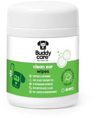 Buddycare Dog Ear Cleaner Dog Wipes 100 pre-soaked Biodegradable pet ear wipes. Pet Wipes Cleaner Solution Stops Itching & Waxy Ears