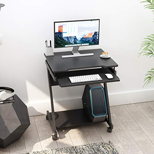 soges Scrivania, Tavolino Per Computer, Scrivania Ufficio, Tavolo Per Laptop, Tavolo Per PC, Forma a Z Con Ruote e 2 Freni, Vassoio Per Tastiera e Supporto Per CPU, 60*48*73CM