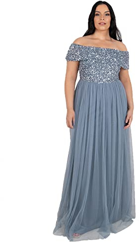 Maya Deluxe Vestido de Bardot para Mujer, Maxi Adornado, Cintura Imperio, sin Mangas, Tul para Boda, invitada, graduación Dama de Honor, Dusty Azul, 42