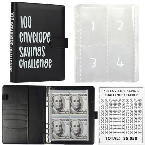 LANBOUY 100 Envelopes Money Saving Challenge Binder Budget Planner, Budget Book With Cash Savings Challenge, 52 Week Money Binder, 4 Envelopes Per Page, A Total Of 25 Pages