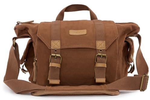 Cwatcun Kameratasche Canvas Kamerataschen,Kamera Tasche für Spiegelreflex,SLR/DSLR,Kompaktkamera, Systemkamera und Zubehör mit abnehmbarem Einsatz Case Stoßfeste Kamera Messenger Bag,Coffee, M