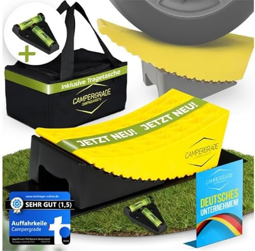 CAMPERGRADE Auffahrkeile Wohnwagen & Wohnmobil (2er) – Anti-Einsinken Unterlegmatten, Wasserwaage, Rutschfester Waben-Grip, robust bis 13,5 t, ideal für Stellplatz & Camping