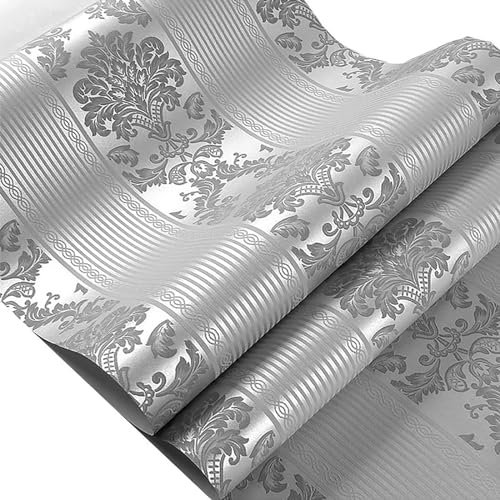 Luxury Silver Grey Damask Wallpaper Metallic Grey Wallpaper Luxury Floral Embossed Flock Textured Non-Woven Wallpaper Roll for Bedroom Livingroom Hallway