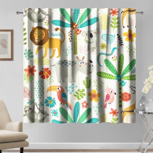 Kzzfqxb 140x229cm Tende per Bambini 2 Pannelli, Animali della Foresta Alberi Uccelli Cactus Cartoni Animati drappeggiate per Bambini Ragazzi Ragazze Camera da Letto per Bambini Asilo Nido