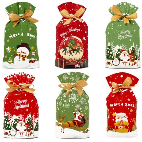GIOLEON 36 Sacchetti Regalo Natale, Sacchetti Regalo 15x23 Cm, Sacchetti Natalizi Stile e Disegni Vari, Buste Regalo in Peva Ecologici, Sacchetti Natale Stampa Festiva