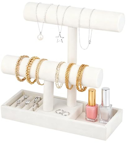 Funsuei Smyckesorganisatör med 2 nivåer, beige smyckesställ, smyckeshållare för sovrum, halsband, organisatör för smyckesförvaring