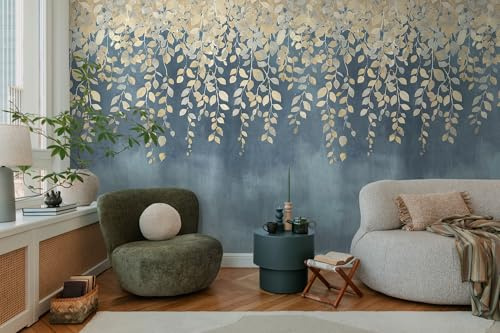 Livingwalls carta da parati moderna – fotomurale con design a tralci di foglie in blu, crema, giallo – vlies grafico naturale 8,80 m x 0,53 m – collezione COSMOPLITAN – 791442