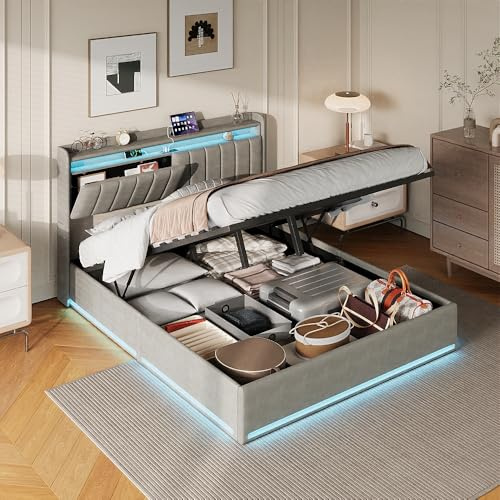 RXMORI Letto Matrimoniale Imbottito 140 x 190 cm, Letto Idraulico 140 x 190 cm, Con Contenitore e Rete a Doghe, Vano Portaoggetti, Letto Funzionale in Legno Massello e Velluto Grigio A