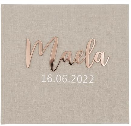 Álbum de fotos personalizado para bebé y libro de visitas – Mi primer año – Fecha - Álbum de lino con nombre de acrílico y texto deseado – 60 páginas – Regalo para nacimiento, bautizo, bebé