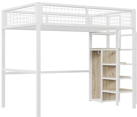 Generisk högsäng med skyddande hyllor och förvaringsutrymme – utrymmesbesparande loft för barn och tonåringar, 249 x 145 x 180 cm, svart eller vit, MDF + metall, lastkapacitet 150 kg, enkel montering