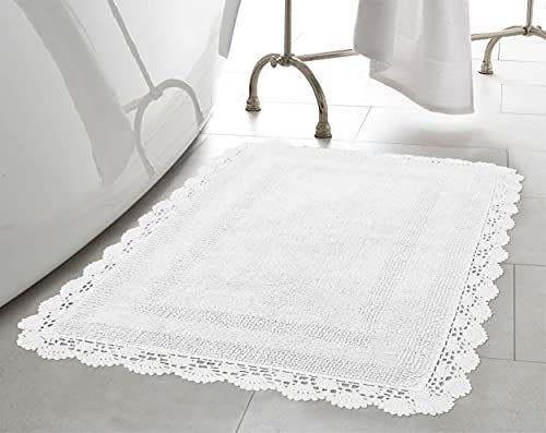 Laura Ashley Saugfähige Badematte, wendbar, gehäkelt, weich und plüschig, 100% Baumwolle, 53 x 86 cm, Weiß