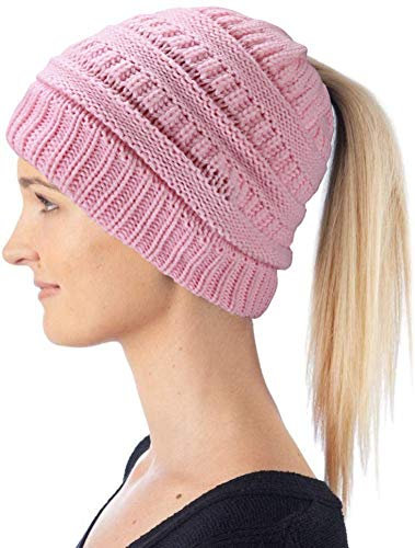 Hatstar Damen Beanie Mütze mit Zopfloch | Strickmütze für Pferdeschwanz | Ponytail Beanie gestrickte Mädchen Wintermütze | weich & warm (rosa)