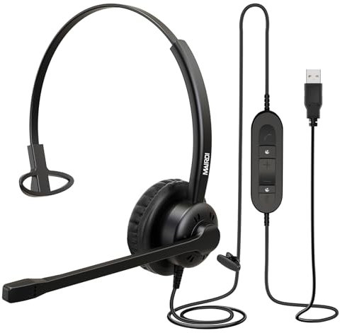 MAIRDI Casque Audio USB Mono Filaire avec Micro Anti-Bruit et Contrôle de Volume, Oreillette Business UC pour Skype, SoftPhone, Centre d'appels, Microsoft Teams Lync, Dragon Reconnaissance Vocale