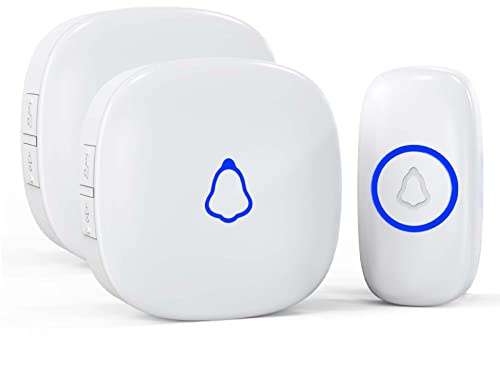 SECRUI Wireless Doorbell, Mini Door Bell with 58 Chimes 5 Volume Levels, 1 Waterproof Button 2 Plug in Receiver, White Doorbell with Led Blue light for Home/Classroom/Office
