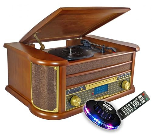 gef-roy Chaîne HiFi INOVALLEY RETRO29-E Vinyle Style rétro Bluetooth, CD, K7 Audio, FM, USB + télécommande, Jeu de lumière OVNI LED