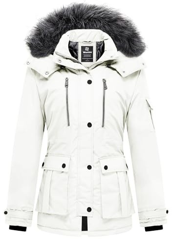 Wantdo, dam, vinter, bomull. vadderad kappa, varm vindtät utomhusjacka, klassisk, medellång parkas, fuskpäls, luva, rock, mjölkvit, M