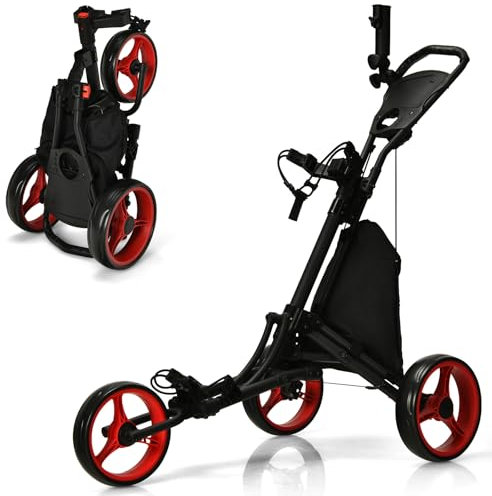 GYMAX 3-Rad Golfwagen, Faltbarer Golftrolley mit Verstellbarem Griff & Schirmhalter & Oberer Taschenhalterung, Golf Push Cart mit Getränkehalter & Anzeigetafel (Rot)