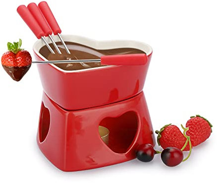 BSTKEY Red Ceramic Butter Warmer Set, Heart Shaped Fondue Pot Melting Pot Set, Melt Hot Pot Bowl Set for Cheese Chocolate Butter Caramel, with 4 Forks