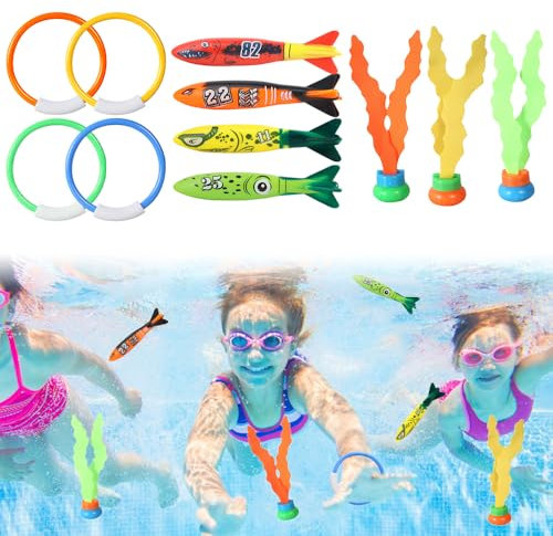 Udbrud Tauchen Spielzeug, 11 Stück Tauchspielzeug für Kinder Pool Schwimmbad Tauchset Tauchringe Algenspielzeug Tauchtorpedo zum Schwimmen, Unterwasser-Pooltraining
