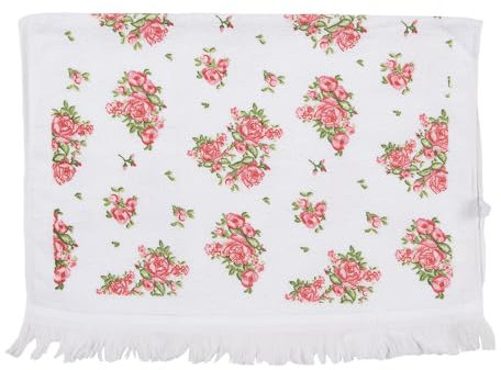 Clayre & Eef Gästehandtuch 40x66 cm Weiß Rosa Baumwolle Rosen Toiletten Handtuch