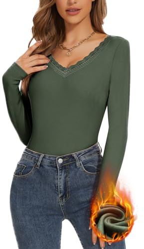 WOWENY T-Shirt Thermique à Manches Longues pour Femme - Pull Chaud d'Hiver - Col en V - Fonctionnel Vert M