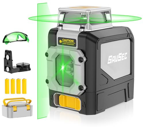 Niveau à bulle laser SAVSEC vert, 1 × 360° Laser en croix auto-nivelant, 5 lignes 45 m Niveau à bulle laser en croix avec mode manuel, automatique et impulsion pour chantier de construction intérieur