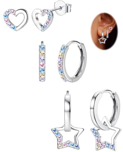 JeweBella 3 Pares Pendientes Mujer Plata 925 Aguja Hipoalergénicos Niña Corazón Zircon Aro Estrella con Colgante Juego de Plata