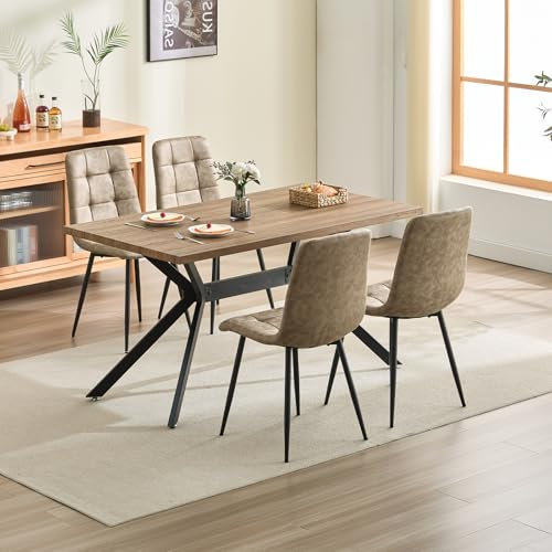 ANVOFONG Essgruppen Esstisch mit 4 Khaki Stühlen,140 x 80 x 76 cm Rechteckig Esstisch aus Holz mit Esszimmerstühle mit technisches Tuch,für Küche Esszimmer und Wohnzimmer,Dunkelbraun Esstischs