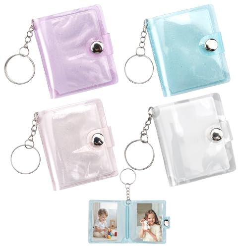 4 Stück Mini Album Schlüsselanhänger, 2in Klare Tasche Fotoalbum Schlüsselanhänger, Taschen Foto Album Kartenhalter mit 20, Mini Tragbares fotoalbum, für DIY Fotoalbum, Karten, (Glitzer Mehrfarbig)