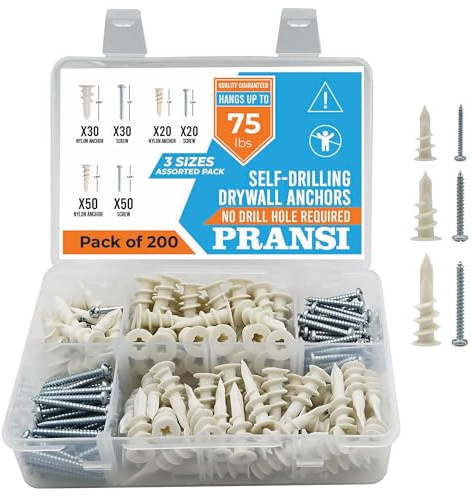 PRANSI Drywall Anchors and Screws Kit – 200pcs- 3 Sizes Self Drilling Anchors – No Pre-Drill Required – Heavy Duty Wall Anchors for Drywall – Holds Up to 75lbs, 13x32mm,15x33mm,13x42mm