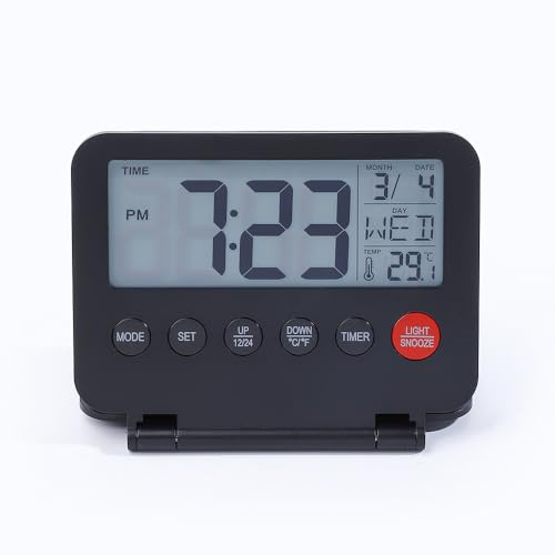 DUOBAGMA Vik mini resa klocka med kalender hem digital LCD-termometer klocka resa väckarklocka bärbar skrivbordsklocka (svart)