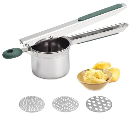 Prensa de patatas de acero inoxidable de 425 ml para triturar patatas y prensar patatas, herramienta de cocina, prensa para puré de patatas (3 discos verdes)