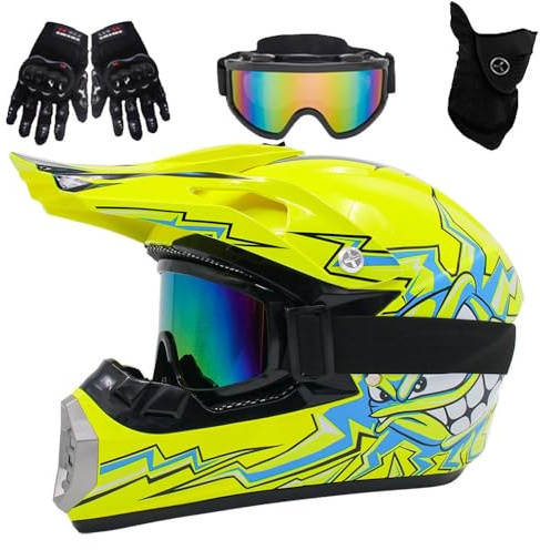Casco da Motocross Per Bambini E Ragazzi, Omologato DOT, Per Atv E Quattro Ruote, con Occhiali, Guanti E Maschera, Per Moto da Discesa, MX, AVT E Dirt(Yellow Moon,M(54-55cm))
