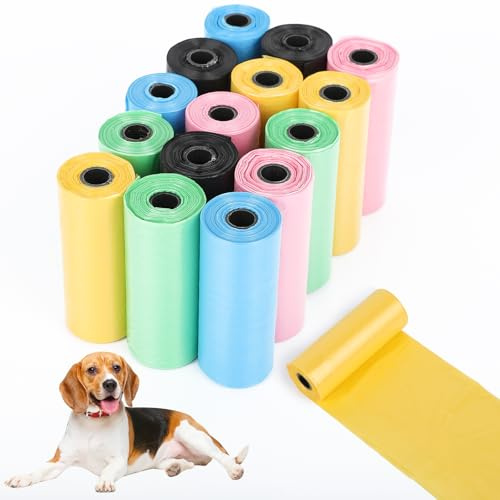 AiQInu 225 Pièces Sacs à Crottes pour chiens, Coloré Sac Crottes Chien Portable, 22 * 30cm Épais et Résistants, Grande Capacité, pour les Promenades et les Voyages (15 Rouleaux, 15 par Rouleau)