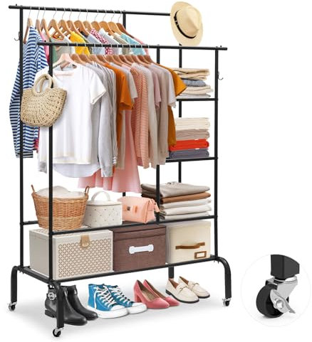 HAUSPROFI Schwerlast Kleiderständer auf Rollen, Doppel-Kleiderstange mit 3 Ablagen & Haken, Stabile Rollgarderobe aus Metall, Schwarz