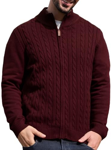 Les umes Cardigan Homme à Fermeture Éclair Pull Tricot Câblé à Col Debout Cardigan Chaud en Coton Détendu