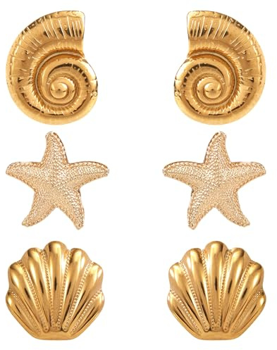3 Paires Boucles d'Oreilles Plage, Boucles d'Oreilles Coquillage Spirales Dorées en Forme d'Étoile de Mer Parure de Bijoux Tendance pour Femme Idéales pour les Vacances d'Été à la Plage