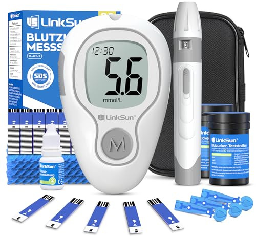 LinkSun G-425-3 Blutzuckermessgerät, 100 Teststreifen, 100 Lanzetten, Blutzuckermessgeräte, Stechhilfe, Glucose-Kontrolllösung, Gebrauchsanweisung (Deutsch),mg/dL & mmol/L