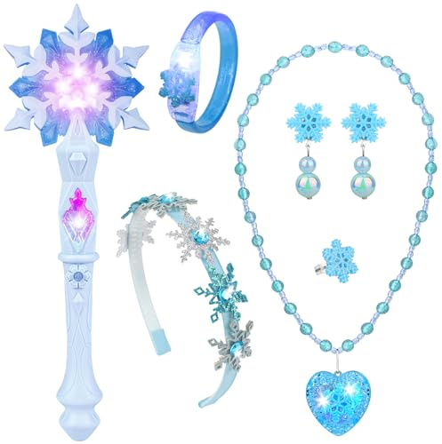 Hifot Bacchetta Magica Luminosa per Bambina Bacchetta di Fiocco di Neve con Effetti Sonori Kit Principessa Cerchietto Braccialetti Luminosi Collana con Ciondolo Luminoso Led Gioielli per Bambina
