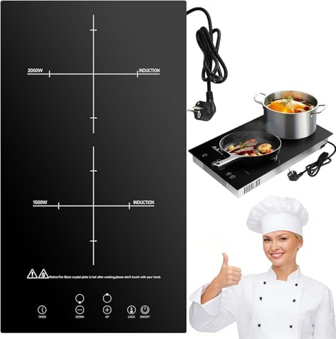 Viugreum kochfeld, 3500W Induktionskochplatte 2 Platten, 29CM kratzfeste GlaskeramikKochfeld, Matt Kochfelder 9 Heizstufen, 1-99Min Timer, Touch-Steuerun, Kindersicherung, kochfeld für Alle Töpfe