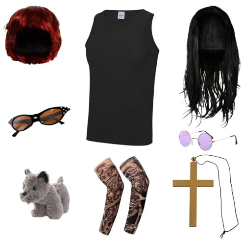 Adults Osbourne Couples Costume - Small - Black Vest, Black Wig, Round Glasses, Gold Cross, Tattoo Sleeves, Red Wig, Sunglasses, Toy Dog - Adults Music TV Celebrity Fancy Dress Costume