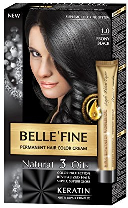 BELLE'FINE® Black Series - Luxuriöse natürliche Haarfärbecreme - langanhaltende Farbe - mit 3 Ölen & Keratin - EBENHOLZSCHWARZ