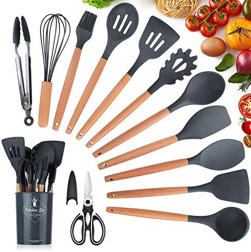 Utensili Cucina Set, KagoLing 12Pezzi + 1 Forbici da Cucina Utensili Cucina Silicone con Manicoin Legno Duro Utensili da Cucina Termoresistenti al Calore e Antiaderente Strumento di Cottura