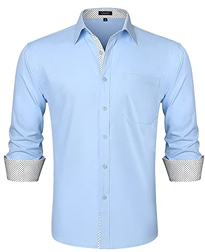 HISDERN Chemise Bleu Clair Homme Manches Longues Regular Fit Chemises Hommes Habillées de Marque Business Casual Chemise avec Poche Repassage Facile,Bleu et Blanc,L