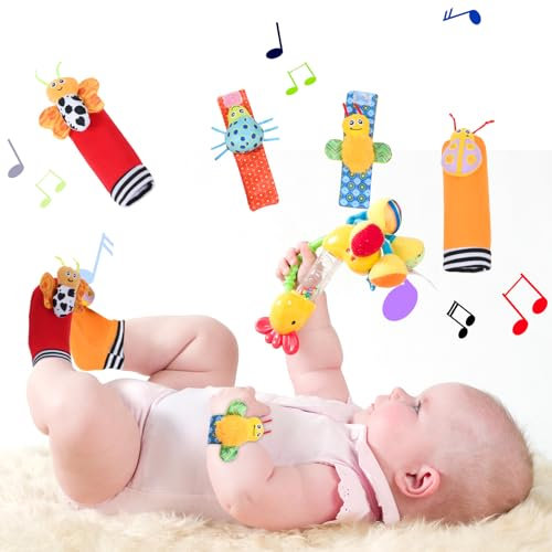 Vicloon Hochet Poignet Bébé,4pcs Bébé Poignet et Chaussettes Hochet Strap Hochets et ChaussettesPied Finder Jouets de développement Cadeau pour Tout-Petits Garçons Filles (Insecte)