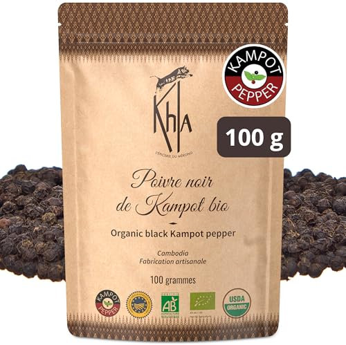 Khla - Poivre Noir de Kampot Certifié Bio 100 g - Sachet Poivre en Grains Biologique - Grand Cru, Rare & Délicat - Ingrédient Cuisine Épice - Production Limitée - Direct Producteur - Origine Cambodge